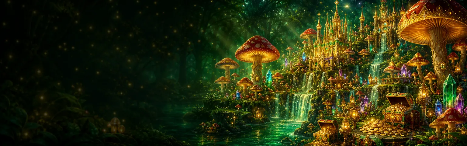 Enchanted mushroom kingdom with a golden crystal castle