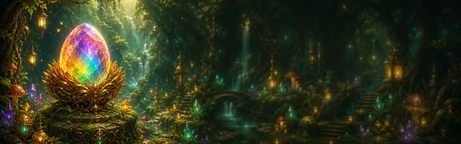 Jackpot Nest — a crystal egg glowing in an enchanted forest
