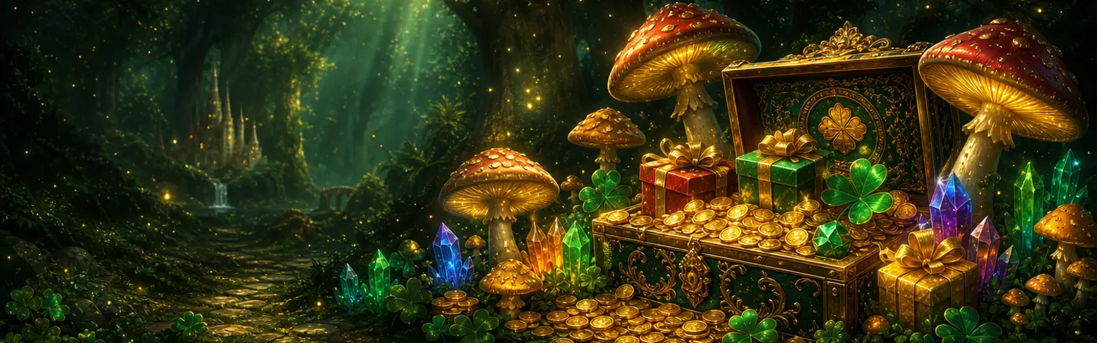 Forest Gifts — a pile of bonus chests under glowing mushrooms